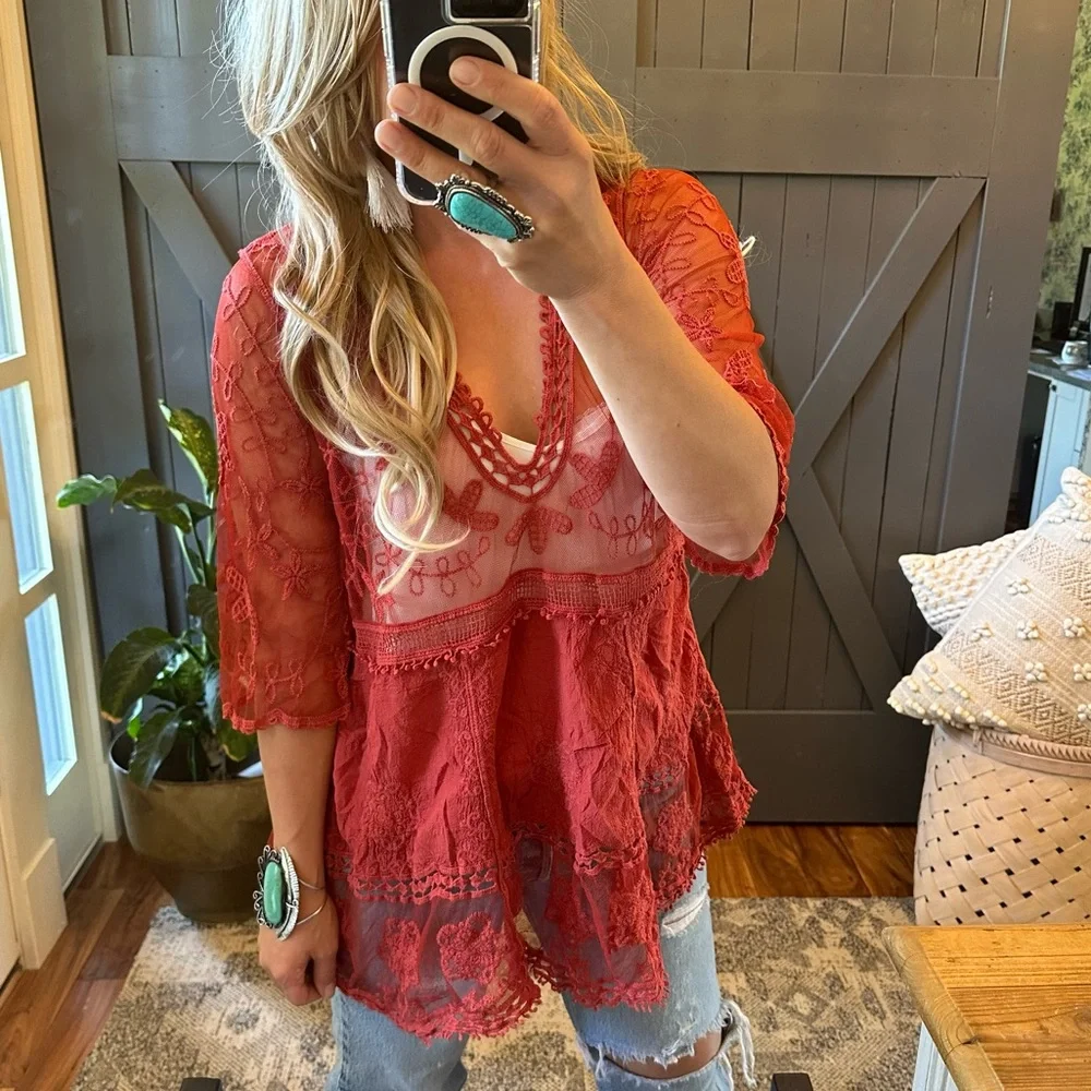 New Red Lace Crochet Boho Folk Tunic Blouse Top Cover-Up Womens - Picture 2 of 9